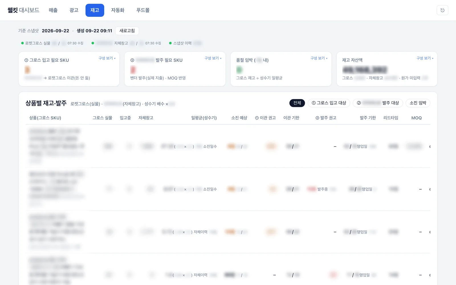 재고를 '많이'가 아니라 '회전율만큼' 넣는다 — 실제 운영 화면(수치 블러)